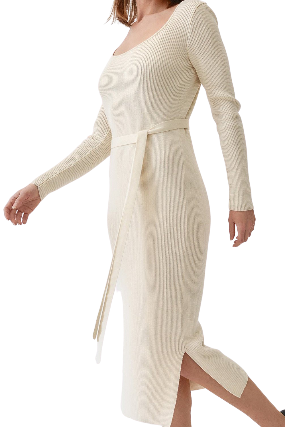 Cream Knitted Long Sleeve Round Neck Dress
