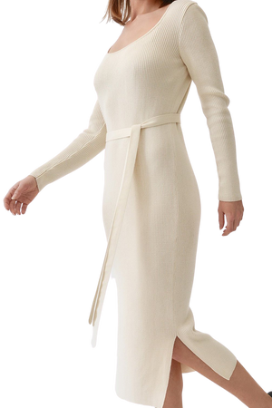 Cream Knitted Long Sleeve Round Neck Dress