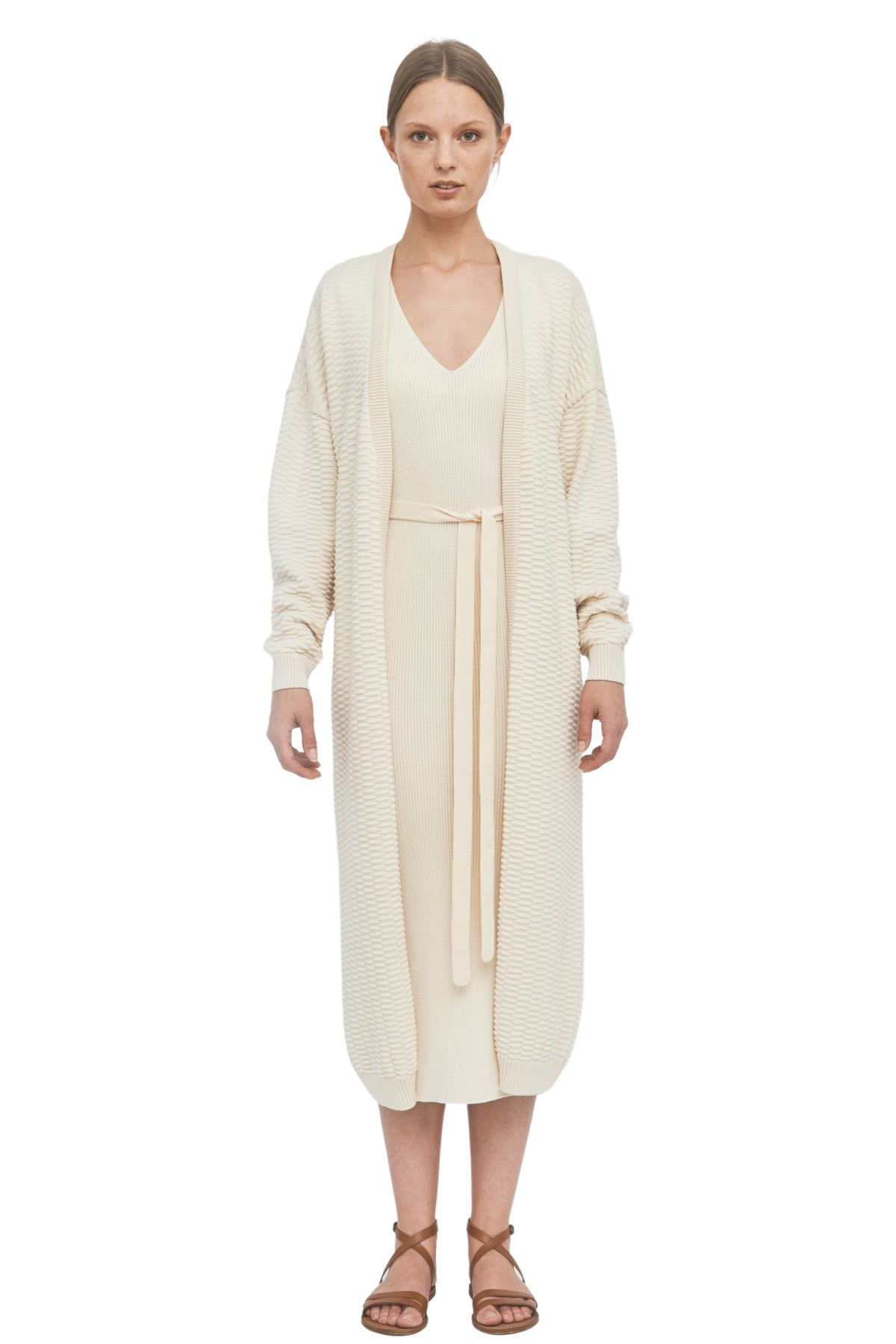 Cream Knitted Relief Long Cardigan