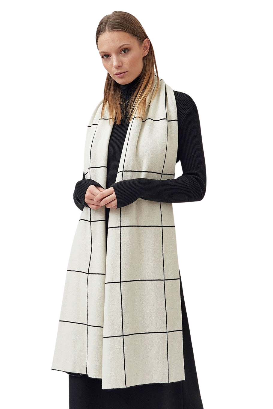 Knitted Checked Pattern Scarf - Cream and Black