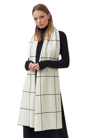 Knitted Checked Pattern Scarf - Cream and Black