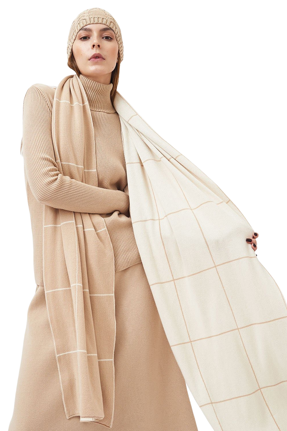 Knitted Checked Pattern Scarf - Cream and Sand